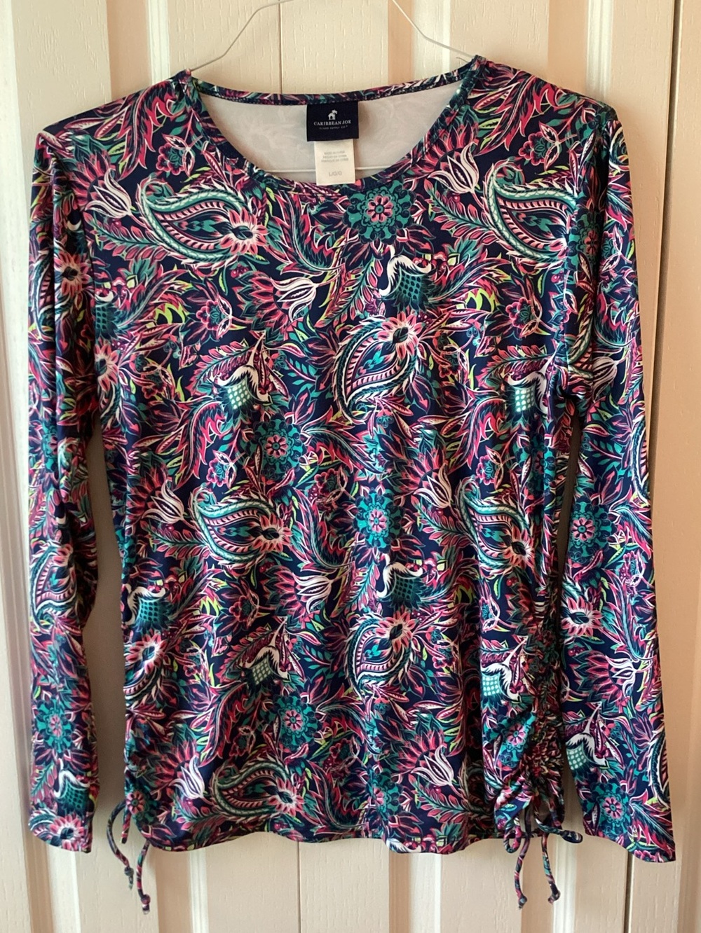 Caribbean Joe Women's Paisley Rash Guard Adjustable Side Sun Protection Sz L